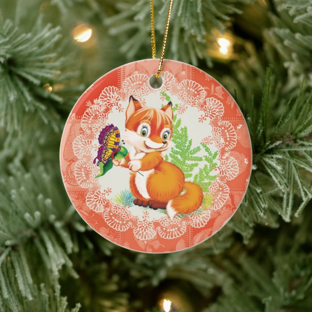 fox and butterfly pattern ceramic ornament (Tree)