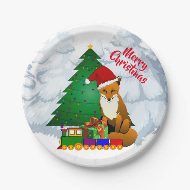 Fox and Christmas Tree For Kids Holiday Party Paper Plate (Front)