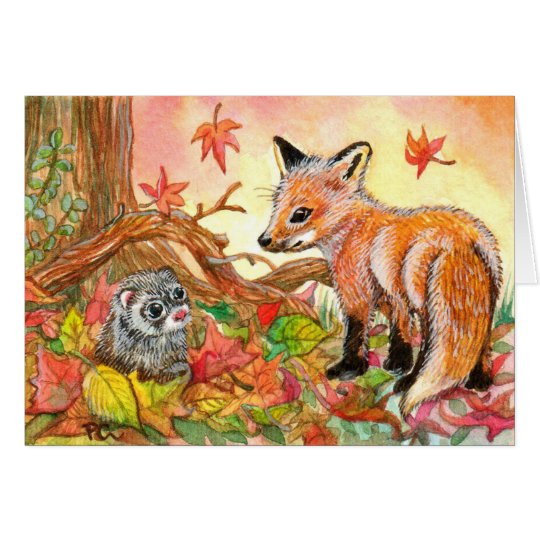 Fox and Ferret in Autumn Leaves Card