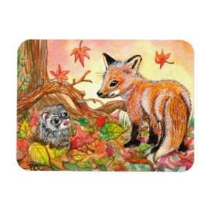 Fox and Ferret in Autumn Leaves Magnet