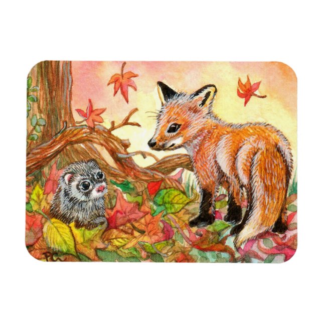 Fox and Ferret in Autumn Leaves Magnet (Horizontal)
