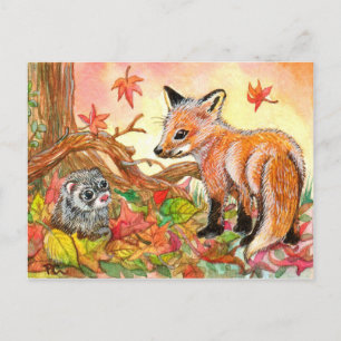 Fox and Ferret in Autumn Leaves Postcard