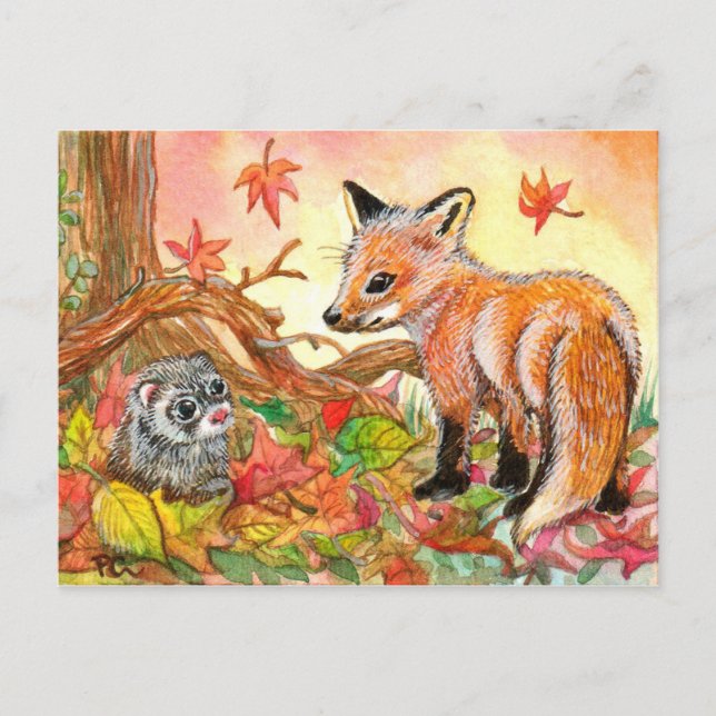 Fox and Ferret in Autumn Leaves Postcard (Front)