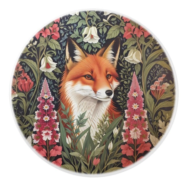 Fox and Foxglove Flowers William Morris Inspired Ceramic Knob (Front)