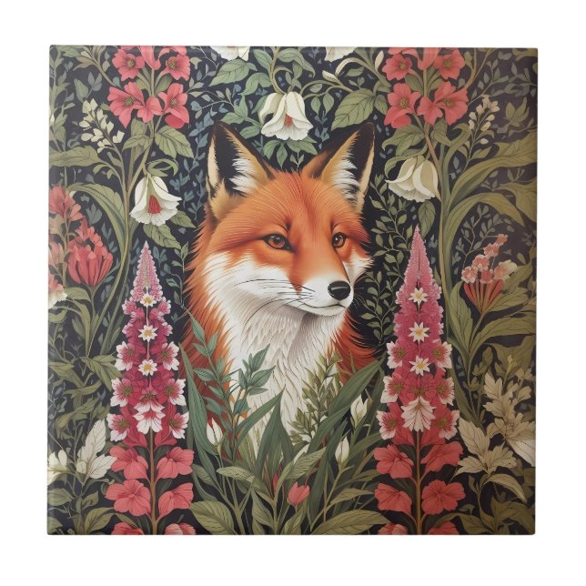 Fox and Foxglove Flowers William Morris Inspired Ceramic Tile (Front)