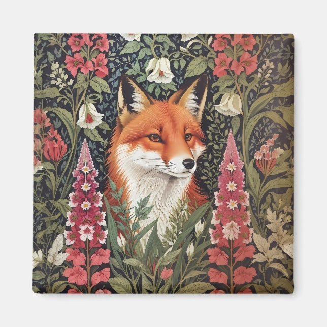 Fox and Foxglove Flowers William Morris Inspired Magnet (Front)