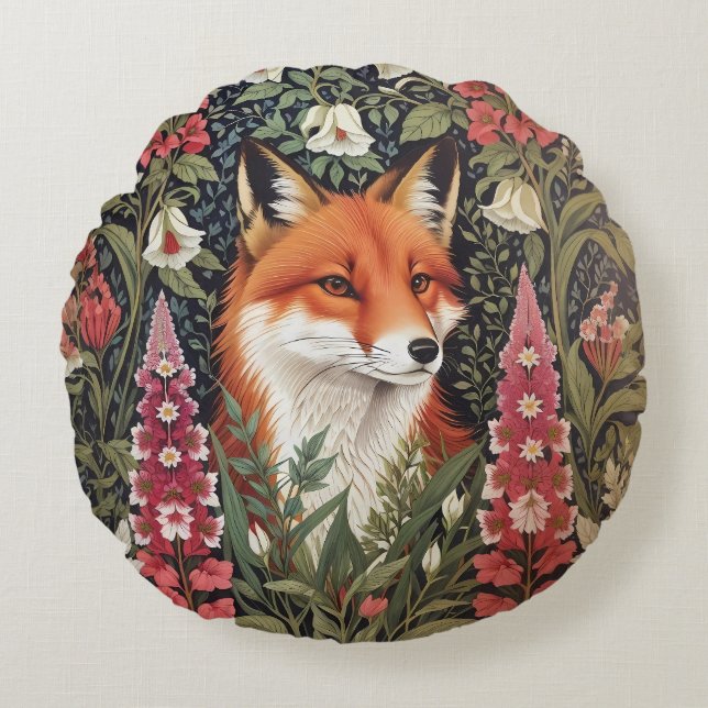 Fox and Foxglove Flowers William Morris Inspired Round Cushion (Front)