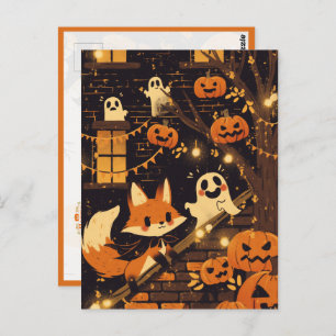 Fox and Friendly Ghosts on Halloween Night Postcard