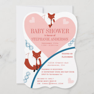 Fox and Hearts Baby Girl Shower Invitations