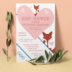 Fox and Hearts Baby Girl Shower Invitations