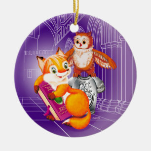 fox and owl  violet ceramic ornament