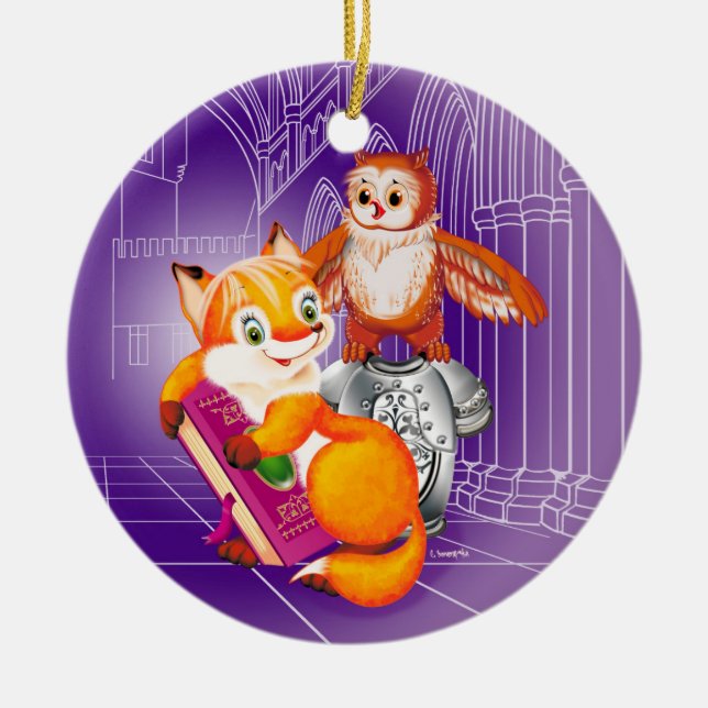 fox and owl  violet ceramic ornament (Front)