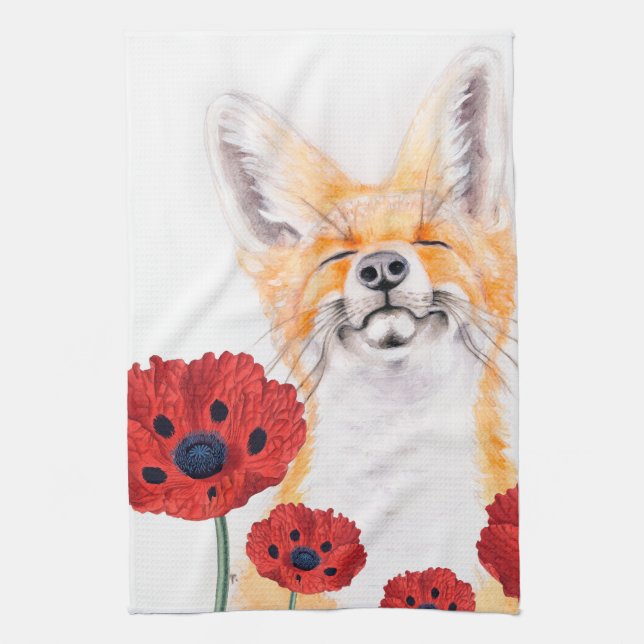 fox and poppies tea towel (Vertical)