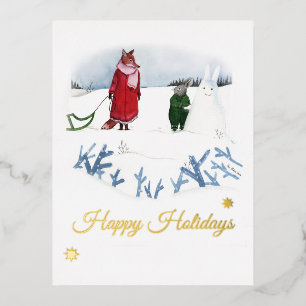 Fox And Rabbit Winter Illustration Christmas Foil Holiday Postcard