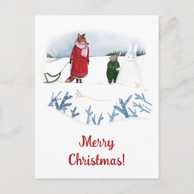 Fox And Rabbit Winter Illustration Christmas  Postcard (Front)