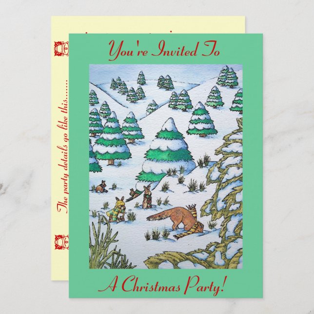 fox and rabbits snow scene chrismas invitation (Front/Back)