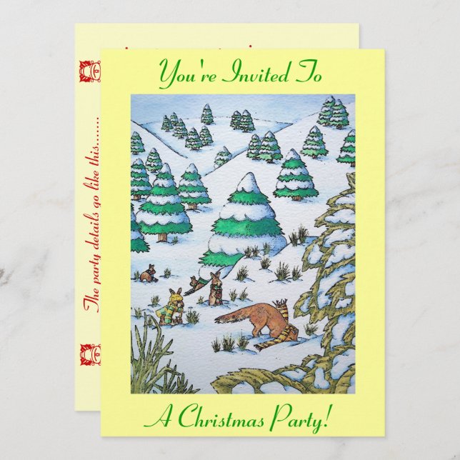 fox and rabbits snow scene seasonal invitation (Front/Back)