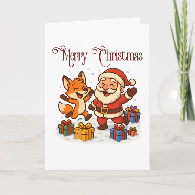 Fox and Santa Christmas Folded Greeting Card (Front)