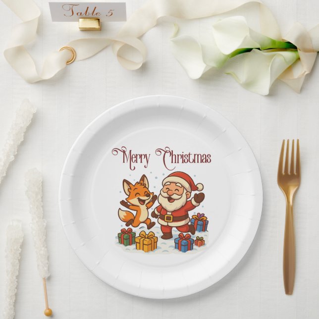 Fox and Santa Christmas Paper Plate (Wedding)