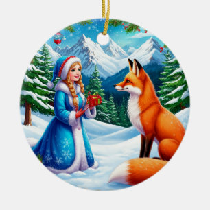 Fox and Snow Maiden in Winter Woodland Scene Ceramic Ornament