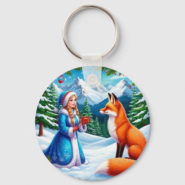 Fox and Snow Maiden in Winter Woodland Scene Key Ring (Front)