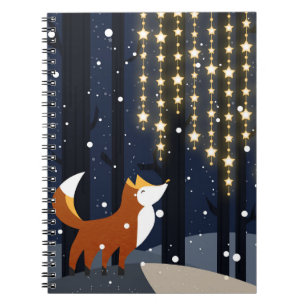 Fox and star light strings in winter snowy forest notebook