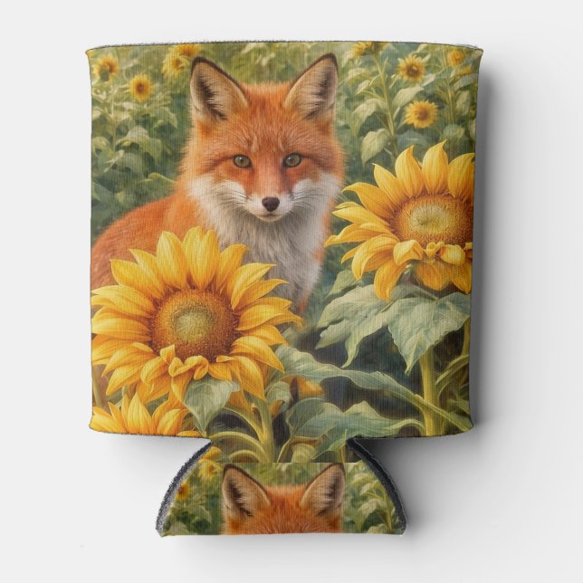 Fox and Sunflowers Beautiful Can Cooler (Front)