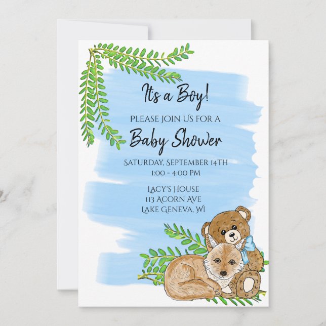 Fox and Teddy Bear and Greenery Boy's Baby Shower Invitation (Front)