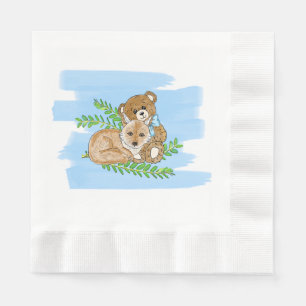Fox and Teddy Bear Greenery Boy's Baby Shower Napkin