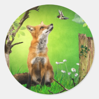 fox and the humming bird classic round sticker