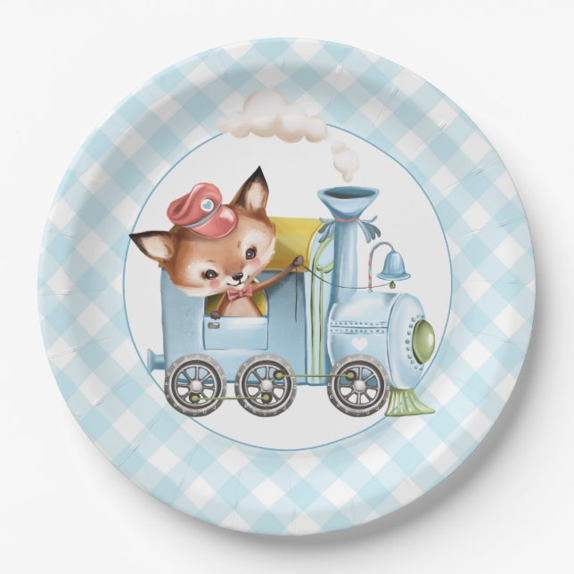Fox and Train Gingham Blue Baby Shower Paper Plate (Front)