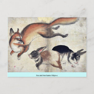 Fox and two hares Ukiyoe. Postcard