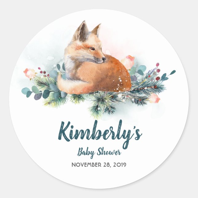 Fox and Winter Woodland Baby Shower Classic Round Sticker (Front)
