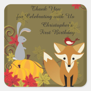 Fox and Woodland Animals Fall 1st Birthday Thanks Square Sticker