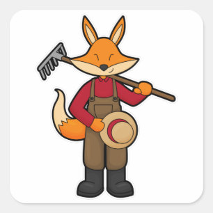 Fox as Farmer with Rake & Hat Square Sticker
