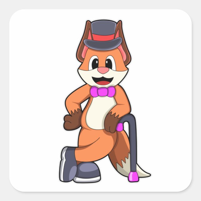 Fox as Gentleman with Hat & Stick Square Sticker (Front)
