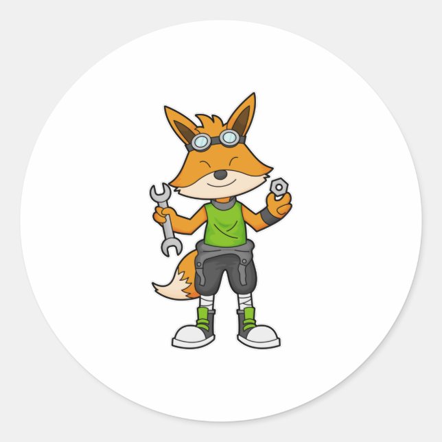 Fox as Mechanic with Wrench & Nut Classic Round Sticker (Front)