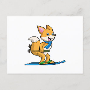Fox as Skier with Ski & Ski poles Postcard