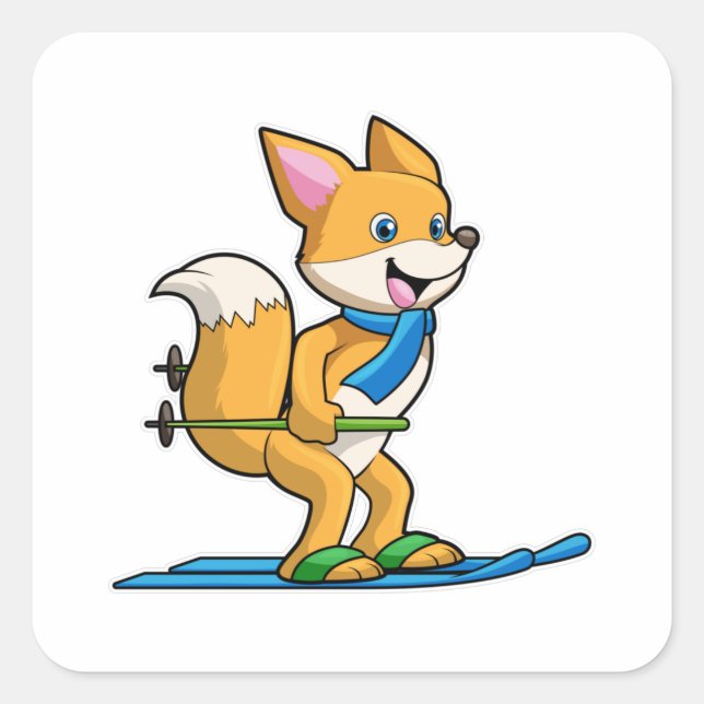 Fox as Skier with Ski & Ski poles Square Sticker (Front)