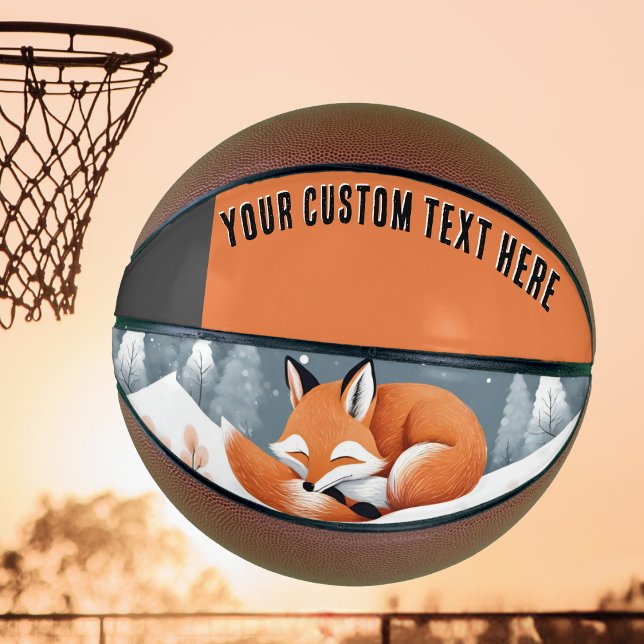 Fox Asleep in Snow Winter Wildlife Animal Nature Basketball (A basketball with picture of a cute sleeping fox in winter snow. Personalize with your own text)