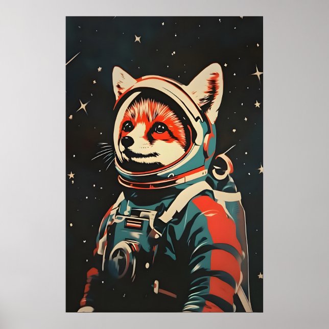 Fox Astronaut Poster, Fox Retro Print, Fox Poster (Front)