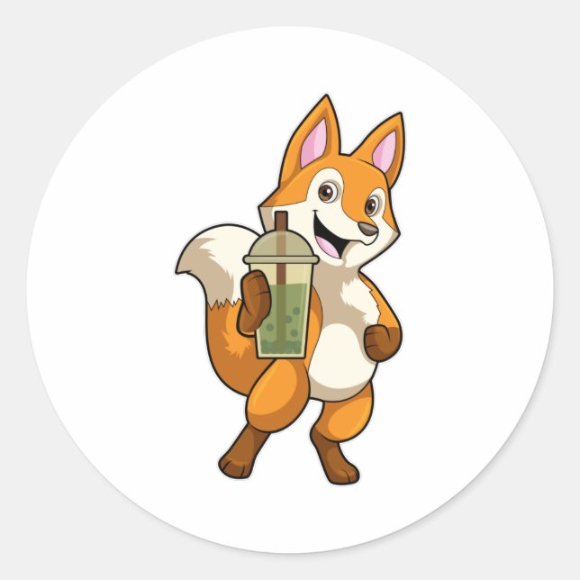 Fox at Drinking with Bubble Tea Classic Round Sticker (Front)