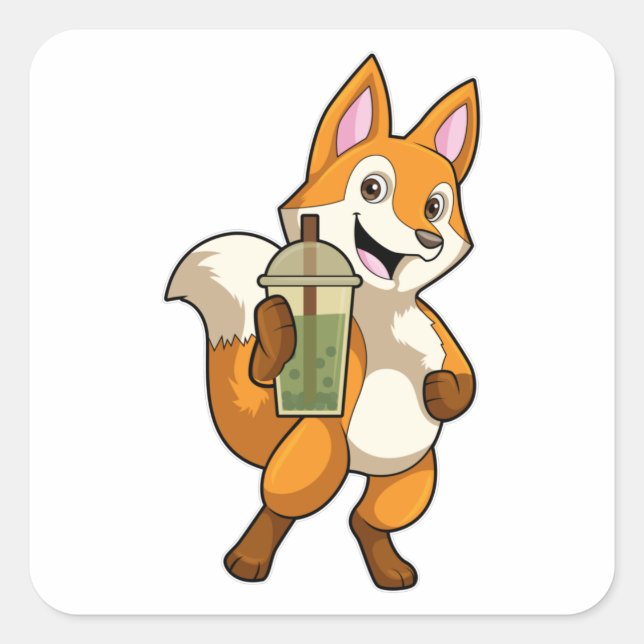 Fox at Drinking with Bubble Tea Square Sticker (Front)