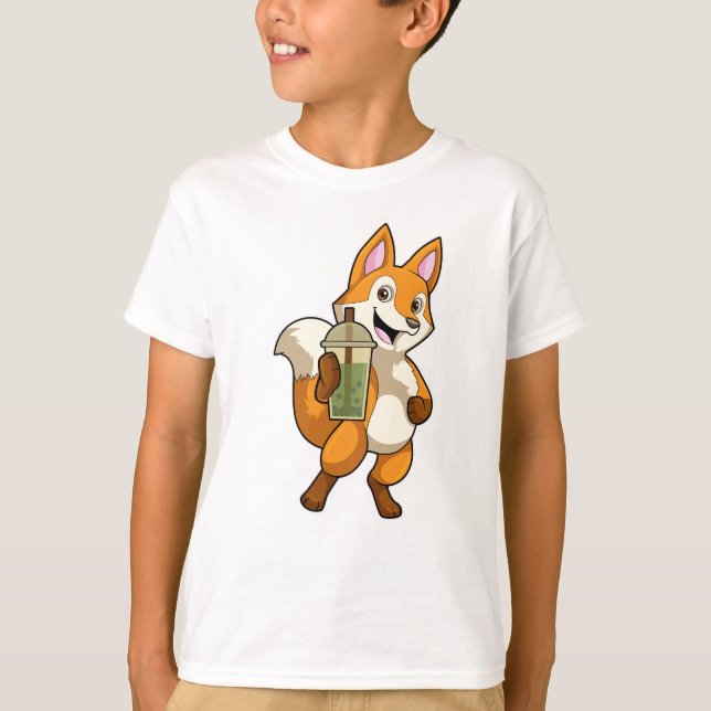 Fox at Drinking with Bubble Tea T-Shirt (Front)