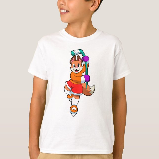 Fox at Ice hockey with Ice hockey stick T-Shirt (Front)