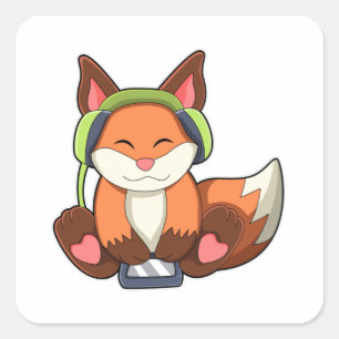 Fox at Music with Headphone Square Sticker