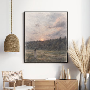 Fox at Sunset Meadow Woodland Nature Art Poster
