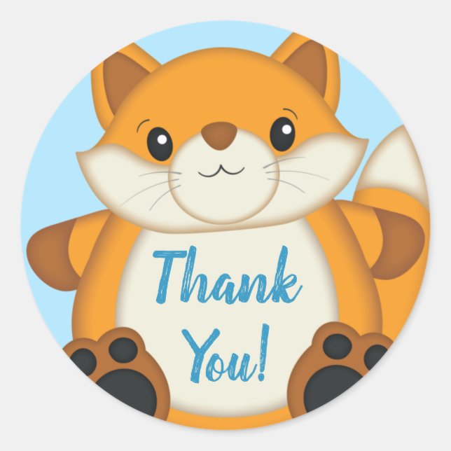 Fox Baby Shower Blue Woodland Classic Round Sticker (Front)