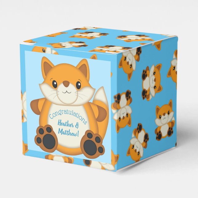 Fox Baby Shower Blue Woodland Favour Box (Front Side)