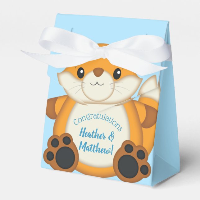 Fox Baby Shower Blue Woodland Favour Box (Front Side)